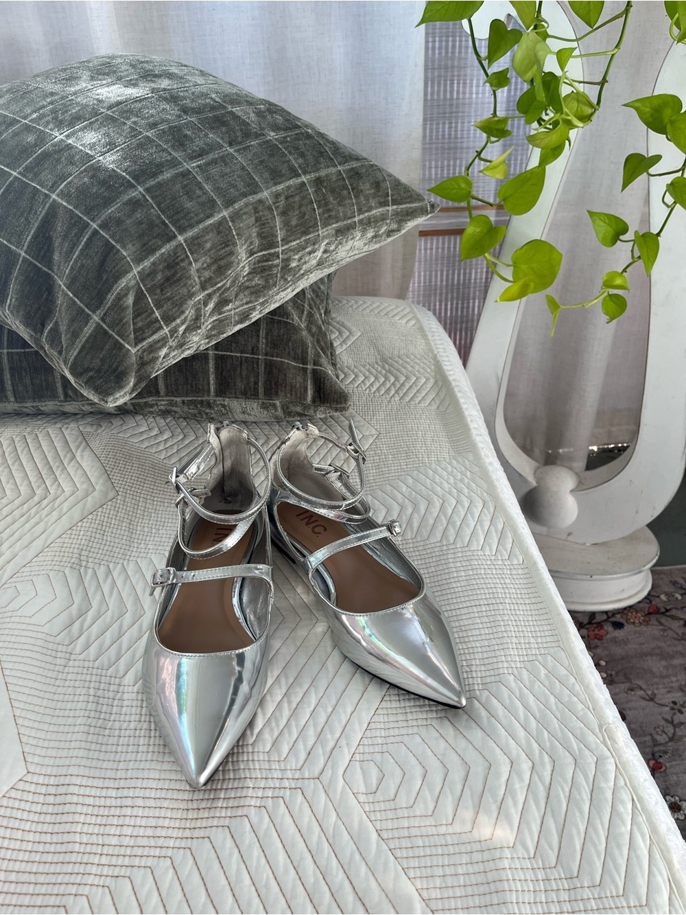 INC International Concepts Silver Pointed-Toe Double Ankle-Strap Flats